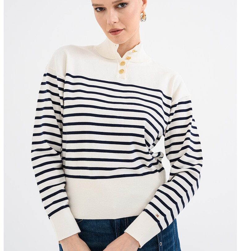 Раиран пуловер с органичен памук с копчета - Бял/Тъмносин Tommy Hilfiger