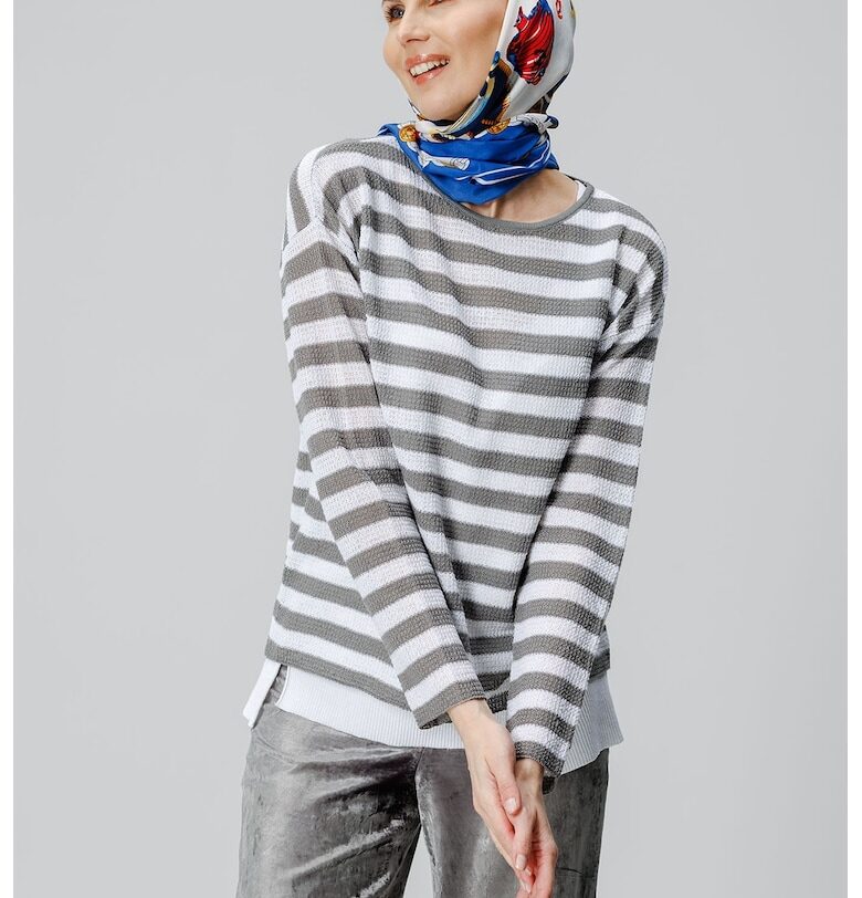 Раирана блуза с лен и овално деколте - Бял/Сив Laneria