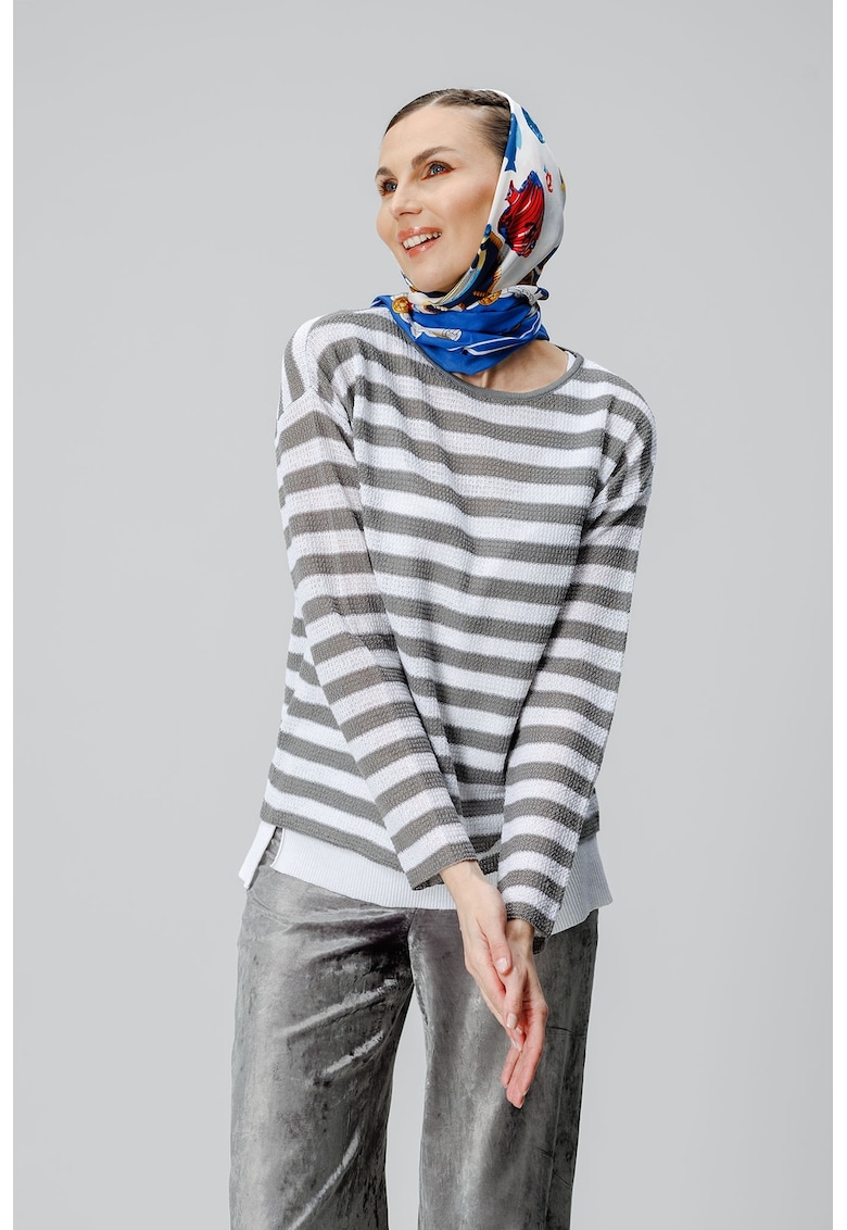 Раирана блуза с лен и овално деколте - Бял/Сив Laneria