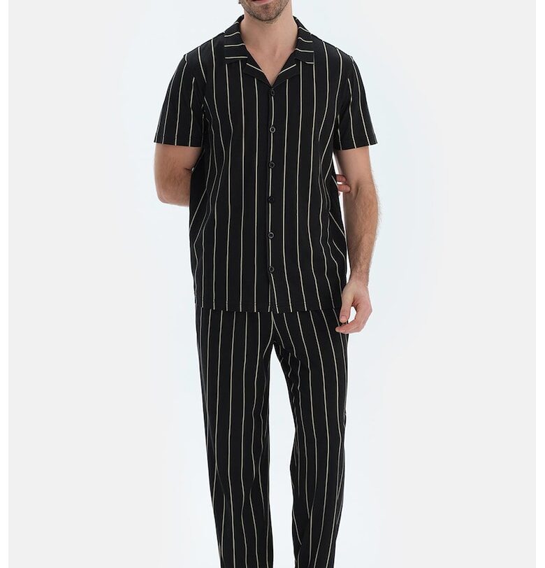 Раирана дълга пижама от памук и модал - Черен/Бледозелен DAGI