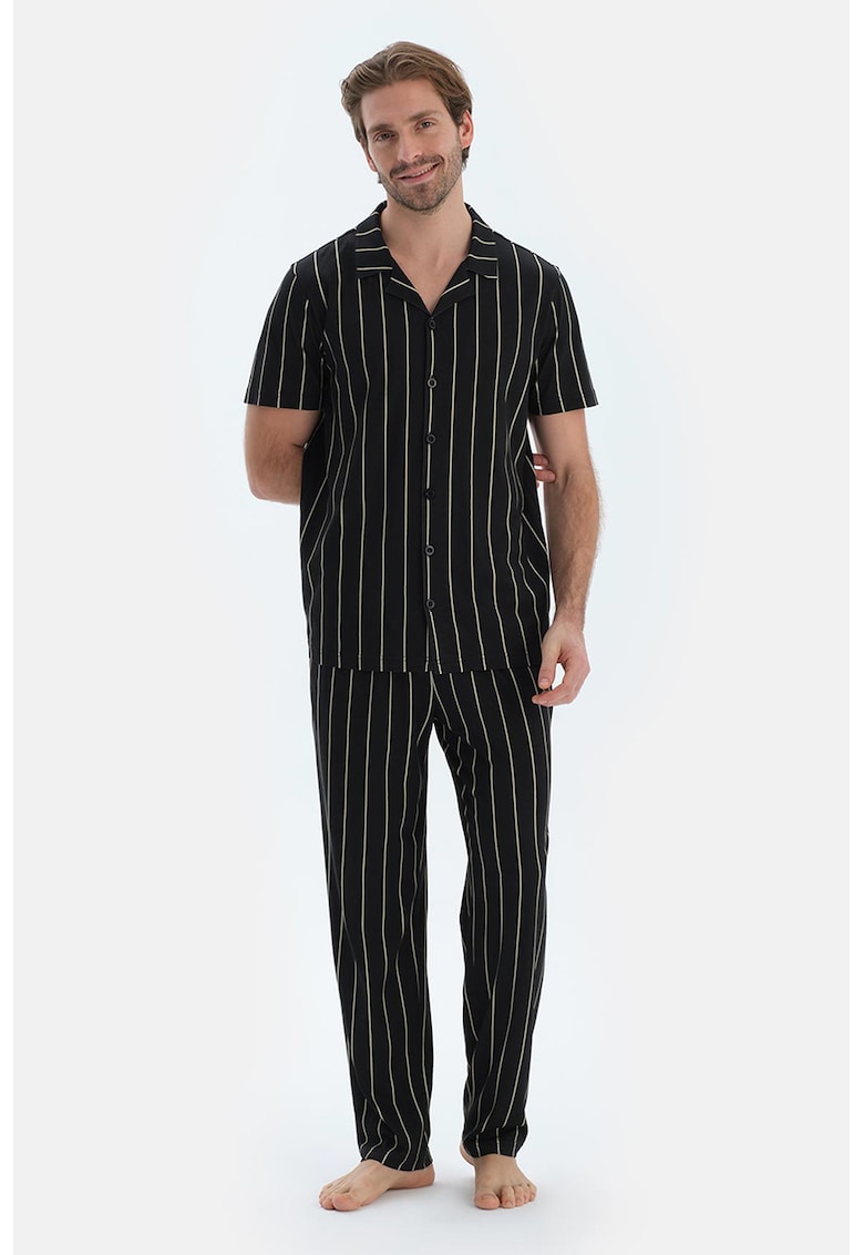 Раирана дълга пижама от памук и модал - Черен/Бледозелен DAGI