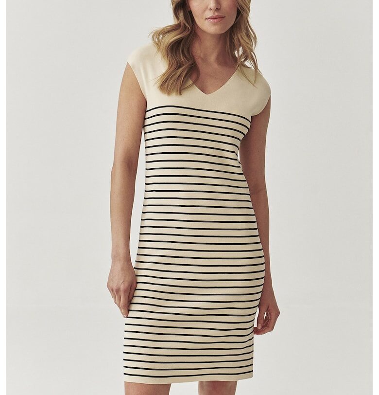 Раирана къса рокля с шпиц - Черен/Светло бежово Tatuum