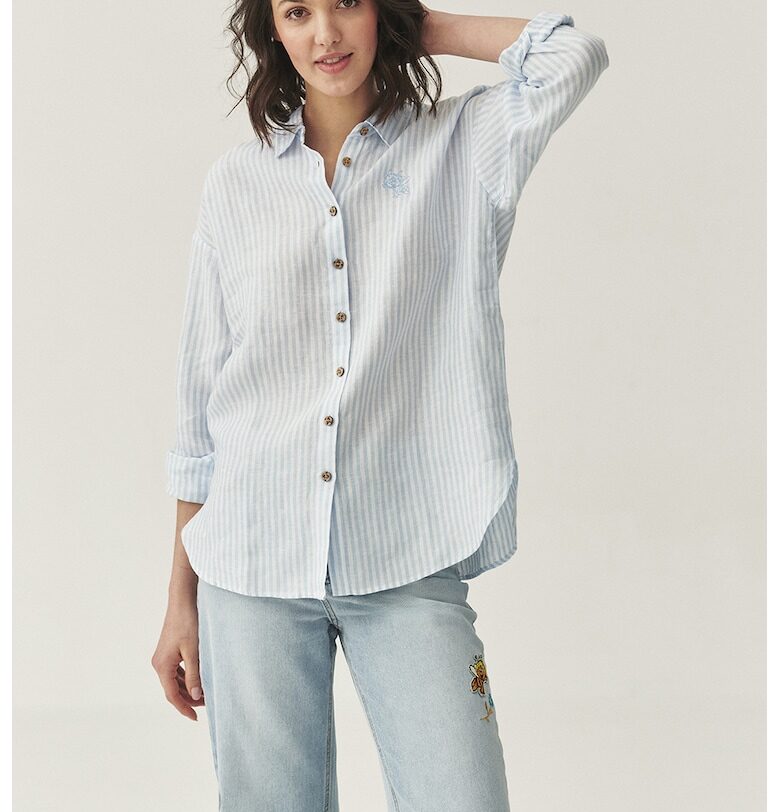 Раирана ленена риза с паднали ръкави - Пастелносин Tatuum