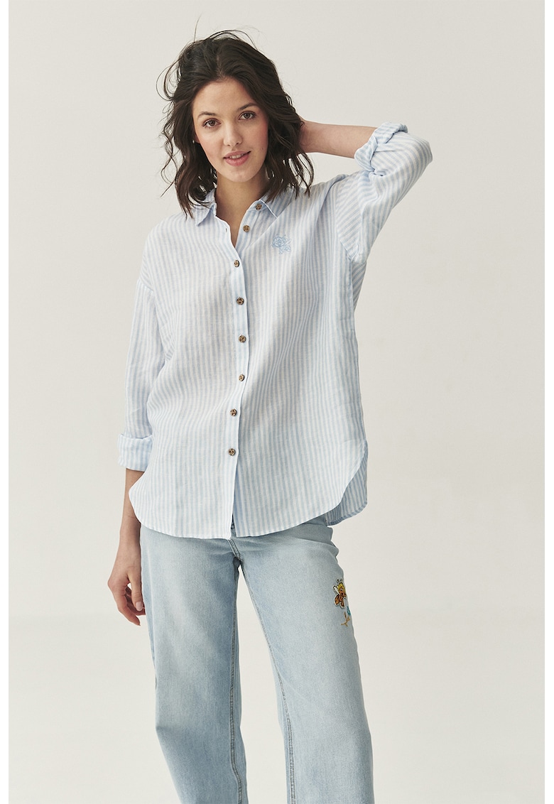 Раирана ленена риза с паднали ръкави - Пастелносин Tatuum