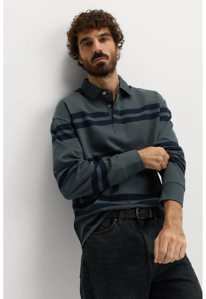 Раирана памучна блуза с яка - Тъмносин/Зелени аспержи Marks Spencer