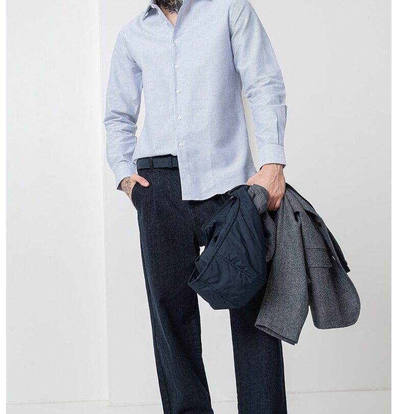 Раирана памучна риза с класическа яка - Бял/Син Pal Zileri