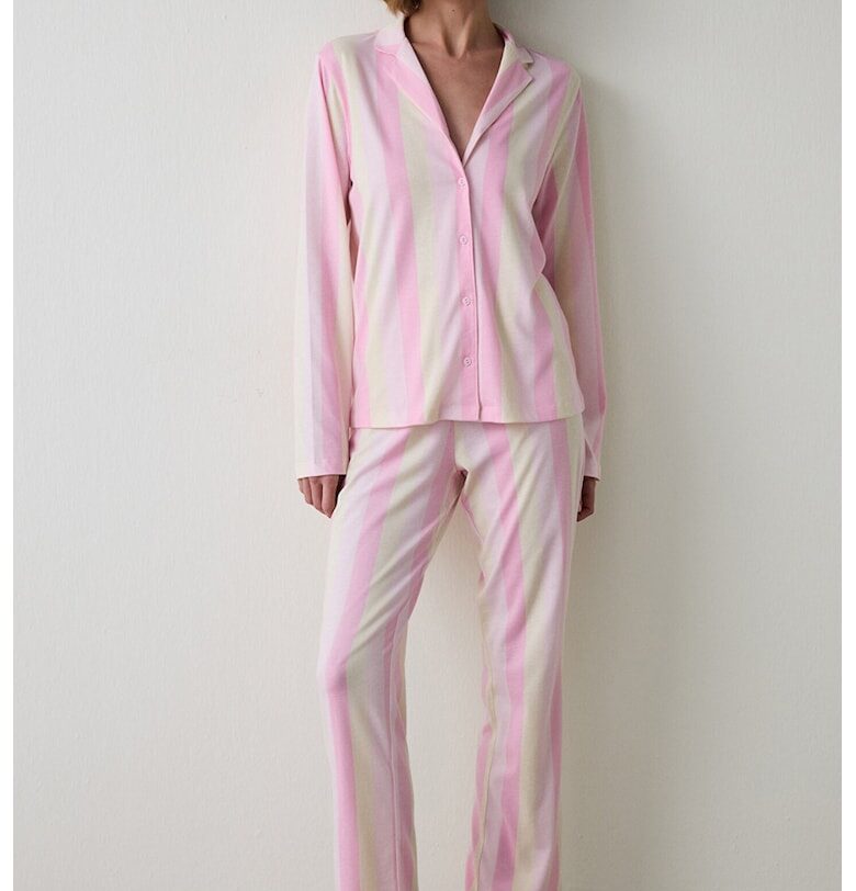 Раирана пижамена риза с раздвоен ревер - Розово/Крем Penti