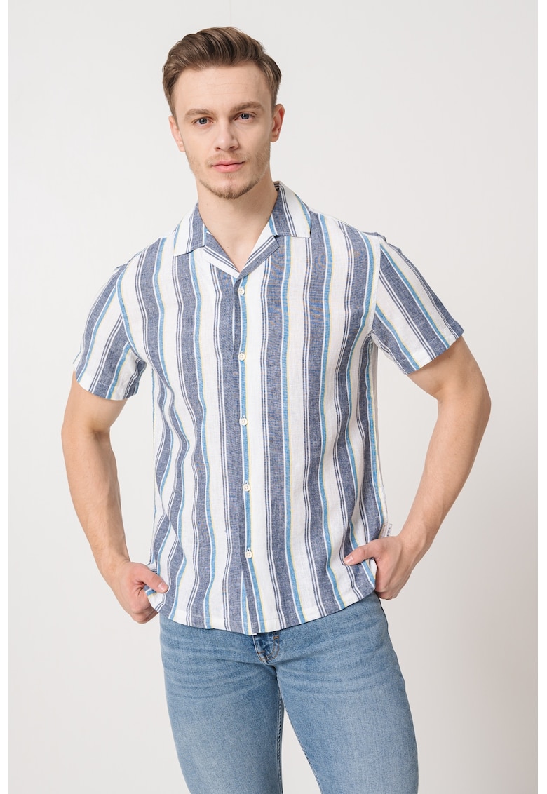 Раирана риза с лен - Бял/Тъмносин Mustang