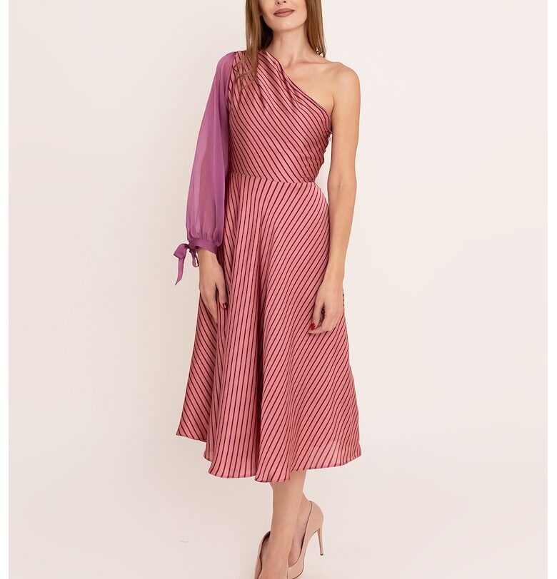 Раирана рокля Nefely с голо рамо - Виолетов/Бледочервен Ilona Andreoiu