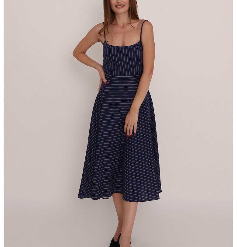 Раирана рокля Olympia с лен - Тъмносин Ilona Andreoiu