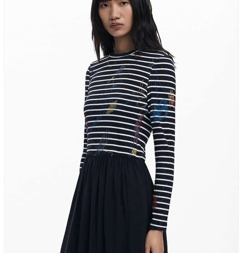 Раирана рокля с дизайн 2 в 1 - Червен/Черен/Мръснобял DESIGUAL