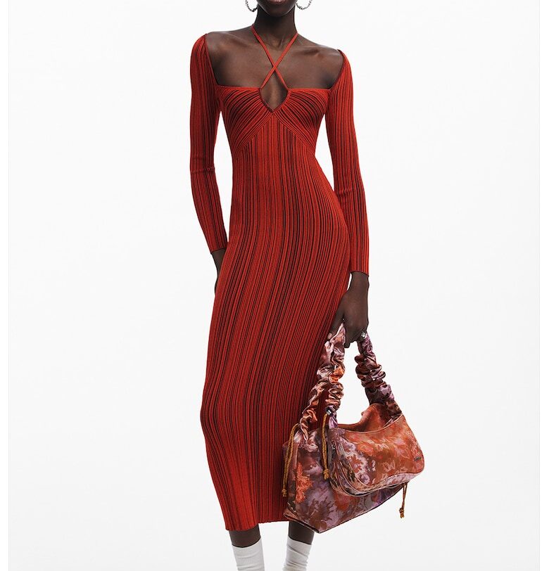 Раирана рокля с дълги ръкави - Тъмночервен DESIGUAL