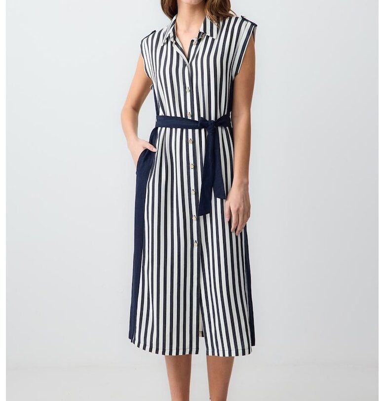 Раирана рокля с лен - Бял/Тъмносин JIMMY KEY