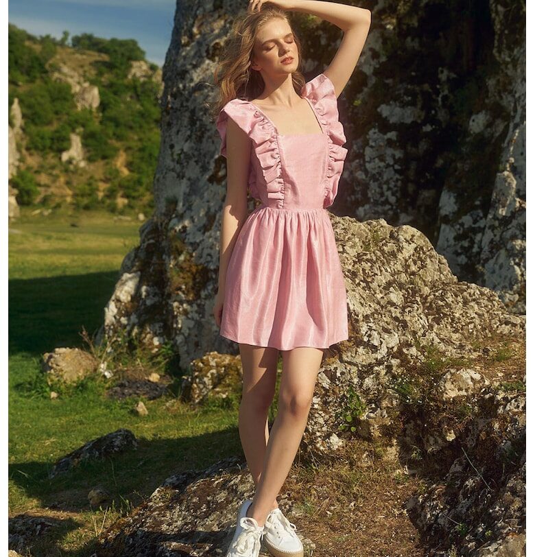 Раирана рокля с набирания - Прашно розово AVENUE No29