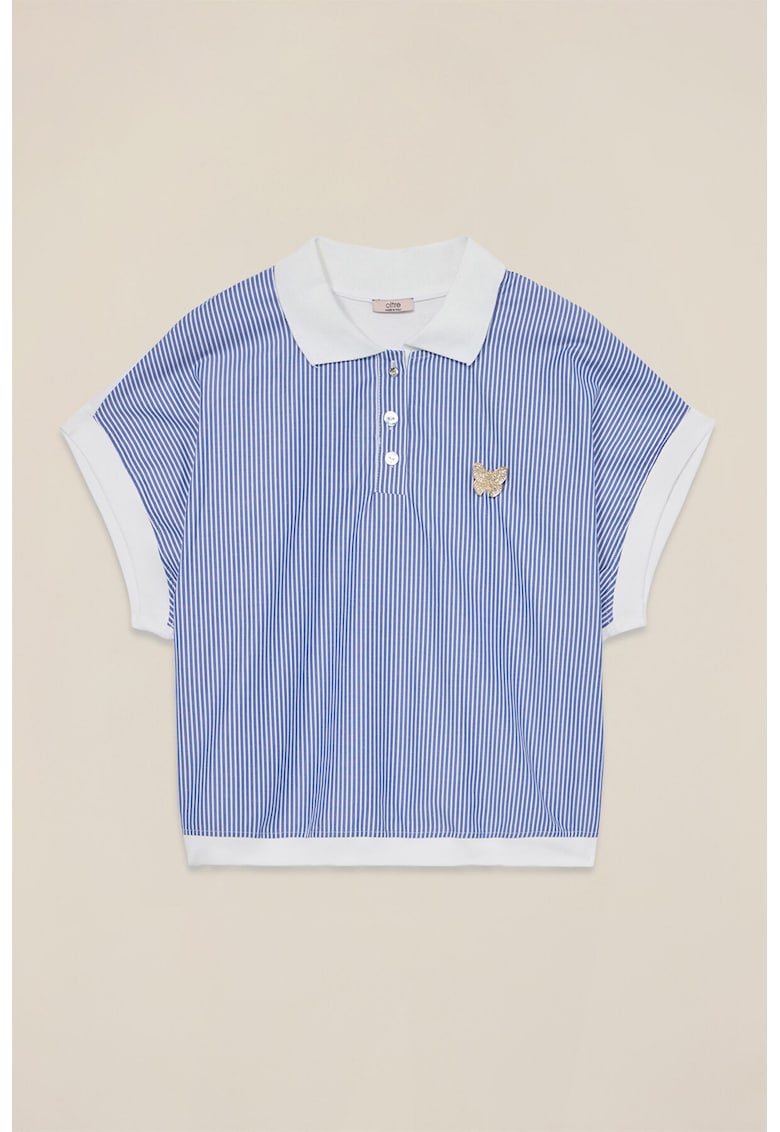 Раирана тениск с яка - Бял/Светлосин Oltre