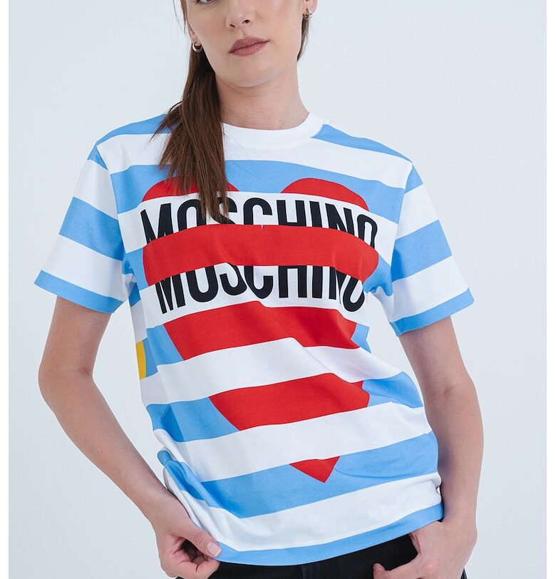 Раирана тениска с лого - Червен/Бял/Светлосин Moschino Jeans