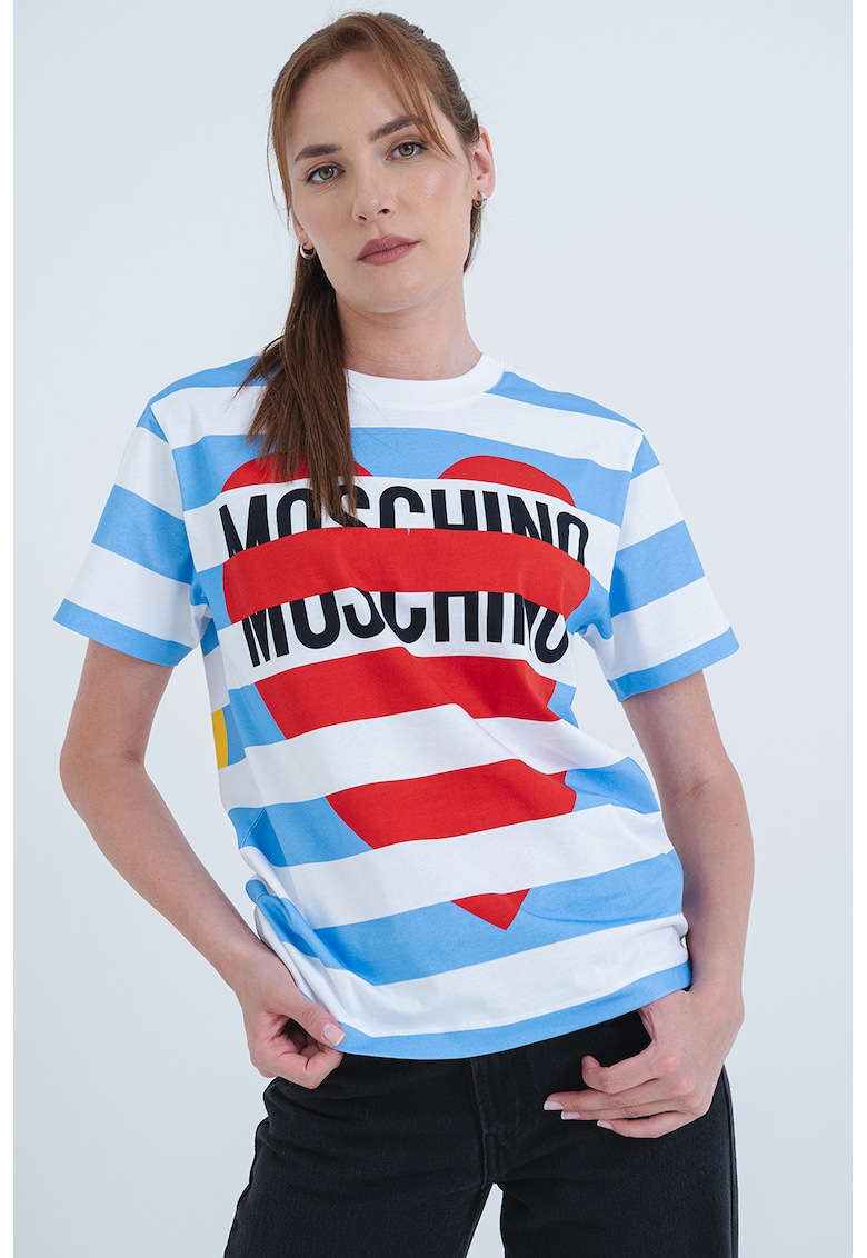 Раирана тениска с лого - Червен/Бял/Светлосин Moschino Jeans