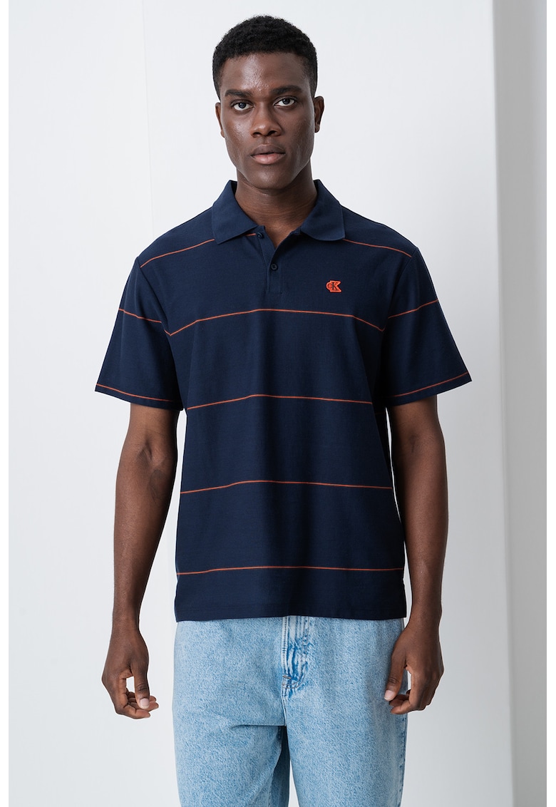 Раирана тениска с яка - Оранжев/Ултрамарин синьо CALVIN KLEIN JEANS