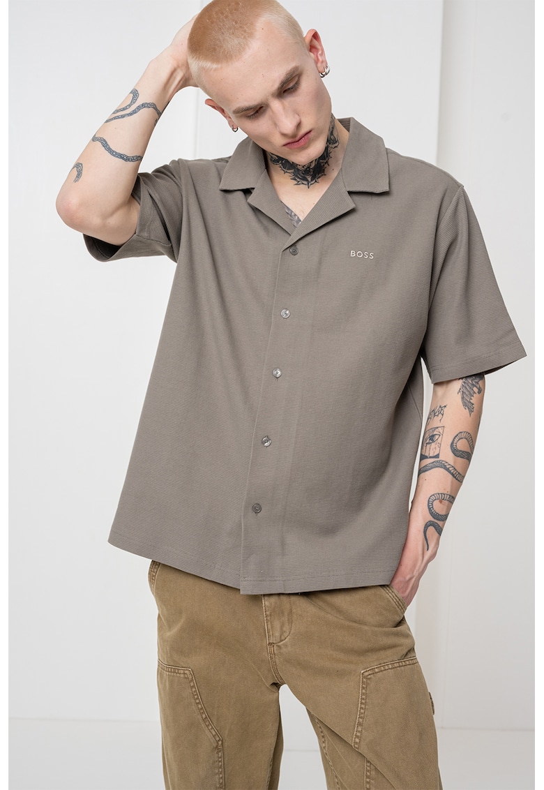 Релефна риза с къси ръкави - Сиво-бежов BOSS