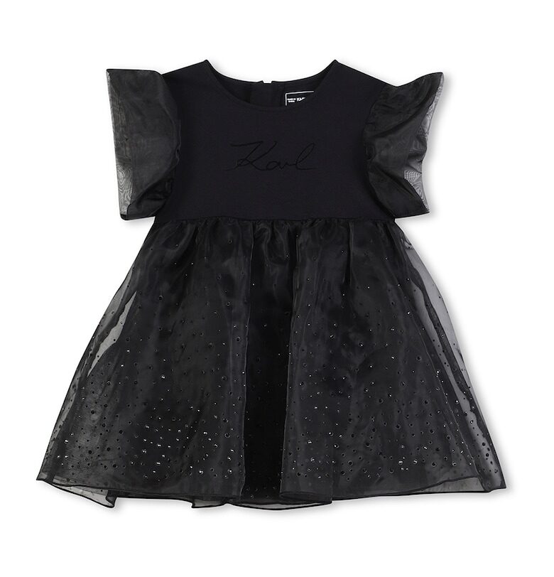 Рзазкроена рокля с декоративни камъни - Черен KARL LAGERFELD KIDS