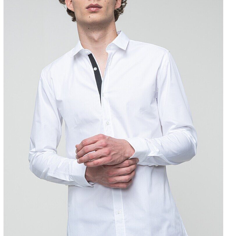 Риза без шарка с класическа яка - Бял HUGO