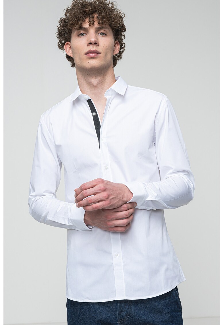 Риза без шарка с класическа яка - Бял HUGO