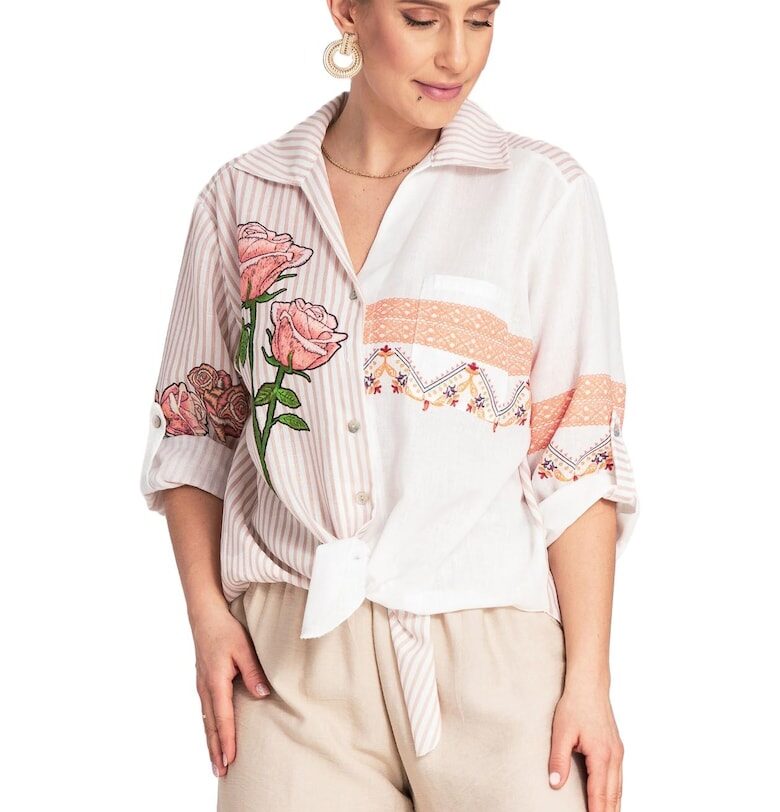 Риза  овърсайз с флорален принт - бежова - полиестерна материя - бохо стил - SM Figl