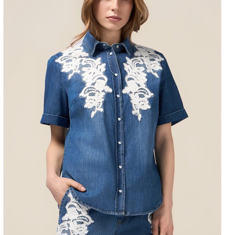 Риза от деним с дантела - Бял/Тъмносин Oltre