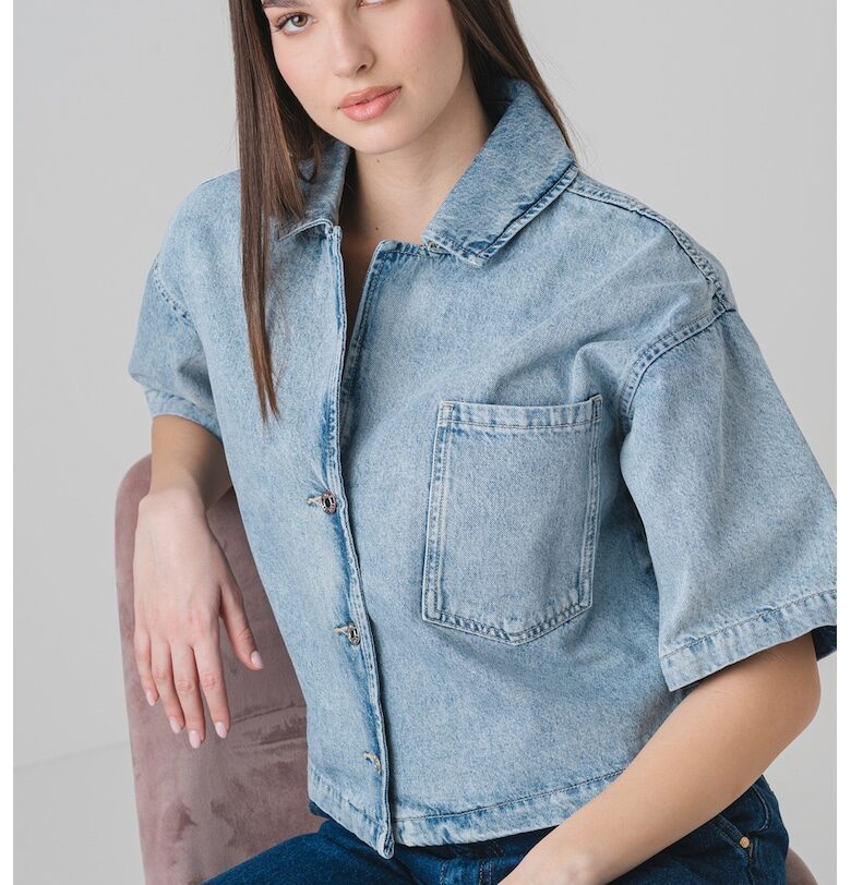 Риза от деним с паднали ръкави - Син меланж HUGO