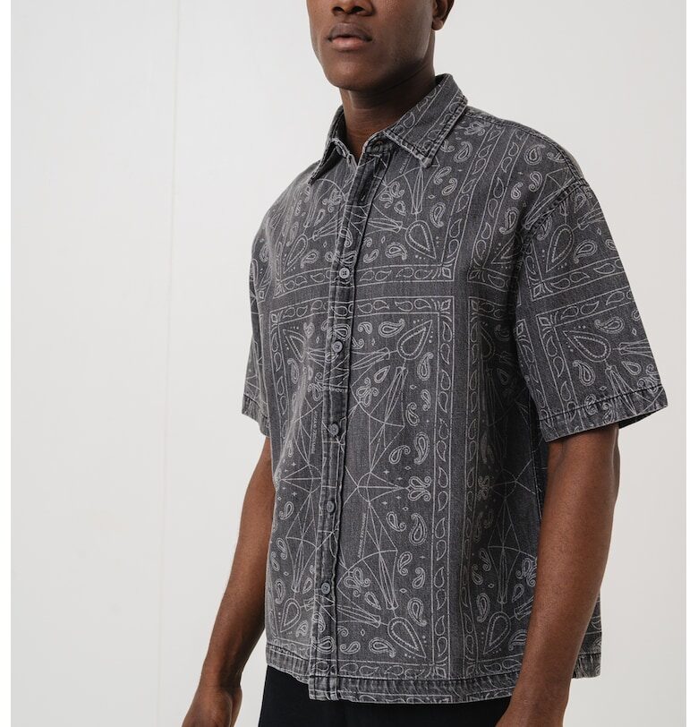 Риза от памук и лен - Светло сив/Антрацитно сиво ARMANI EXCHANGE