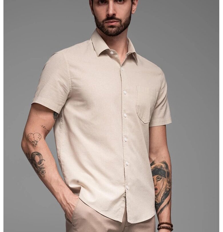 Риза от памук и лен с къси ръкави - Бежов OMBRE
