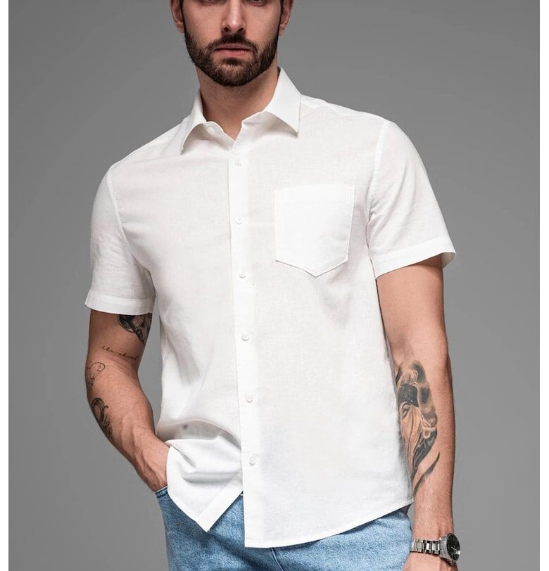 Риза от памук и лен с къси ръкави - Бял OMBRE