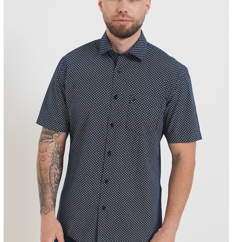 Риза от памук с джоб на гърдите и шарка - Бял/Тъмносин Pierre Cardin