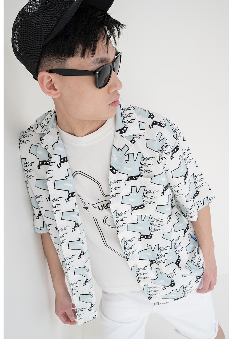 Риза от памук с къси ръкави - Бял/Черен/Аквамарин синьо HUGO
