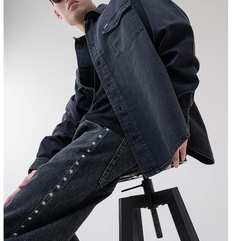 Риза от шамбре с дълги ръкави - Избеляло черно HUGO