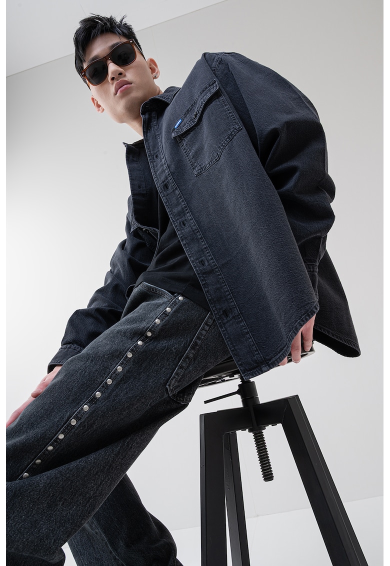 Риза от шамбре с дълги ръкави - Избеляло черно HUGO