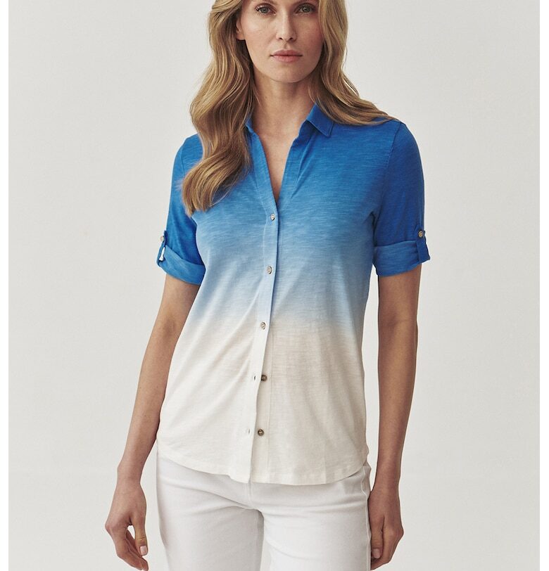 Риза с къси ръкави и хоризонтален меланж - Бял/Кралско Синьо Tatuum