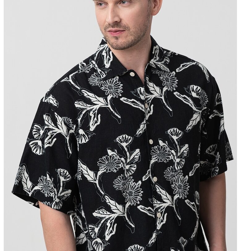 Риза с лен и къси ръкави - Слонова кост/Избеляло черно Jack  Jones