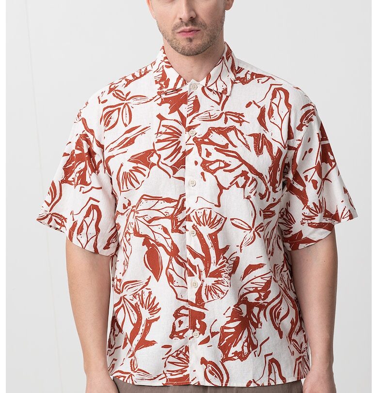 Риза с лен и къси ръкави - Тъмночервен/Мръснобял Jack  Jones