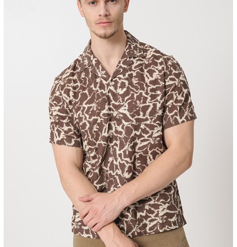 Риза с лен и принт - Кафяв/Бежов Mustang