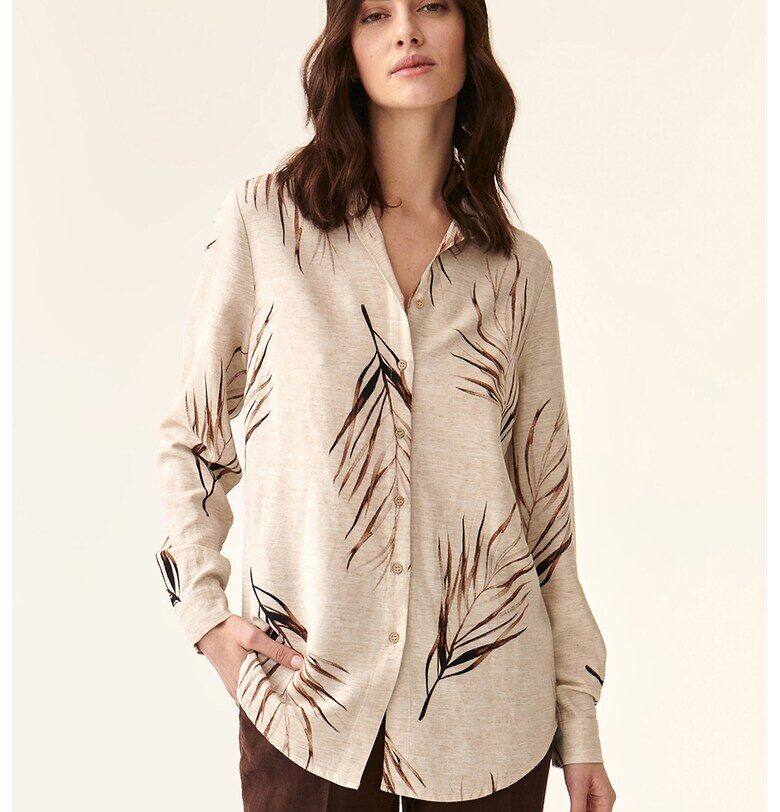 Риза с лен и тропическа шарка - Тъмнокафяв/Бежов Tatuum