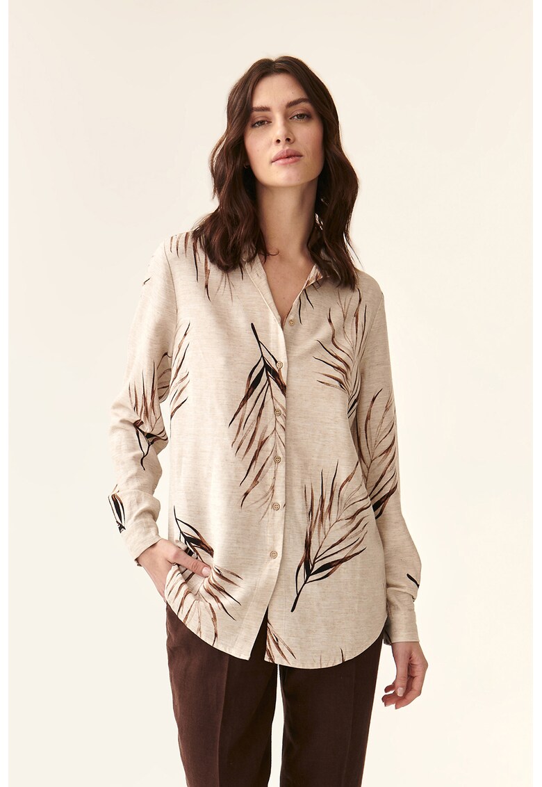 Риза с лен и тропическа шарка - Тъмнокафяв/Бежов Tatuum
