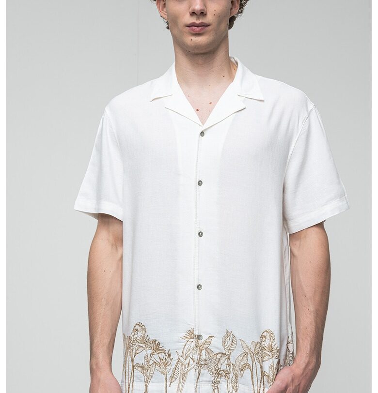 Риза с лен с къси ръкави - Бял/Светлокафяв GUESS