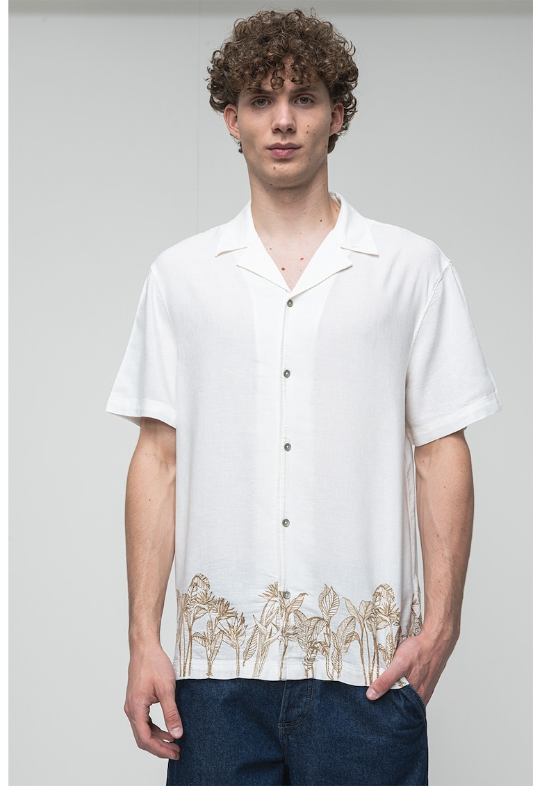 Риза с лен с къси ръкави - Бял/Светлокафяв GUESS