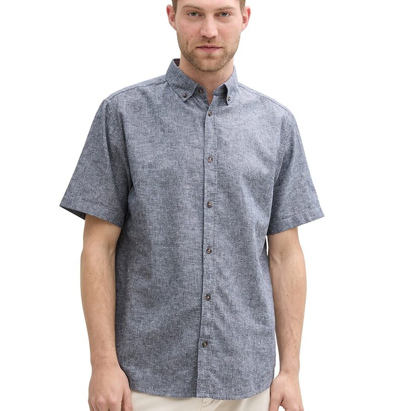 Риза с лен с къси ръкави - Бял/Тъмносин Tom Tailor