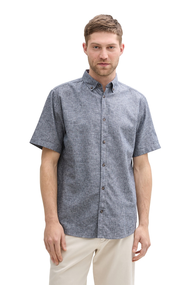 Риза с лен с къси ръкави - Бял/Тъмносин Tom Tailor