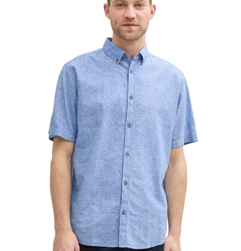 Риза с лен с къси ръкави - Светлосин Tom Tailor