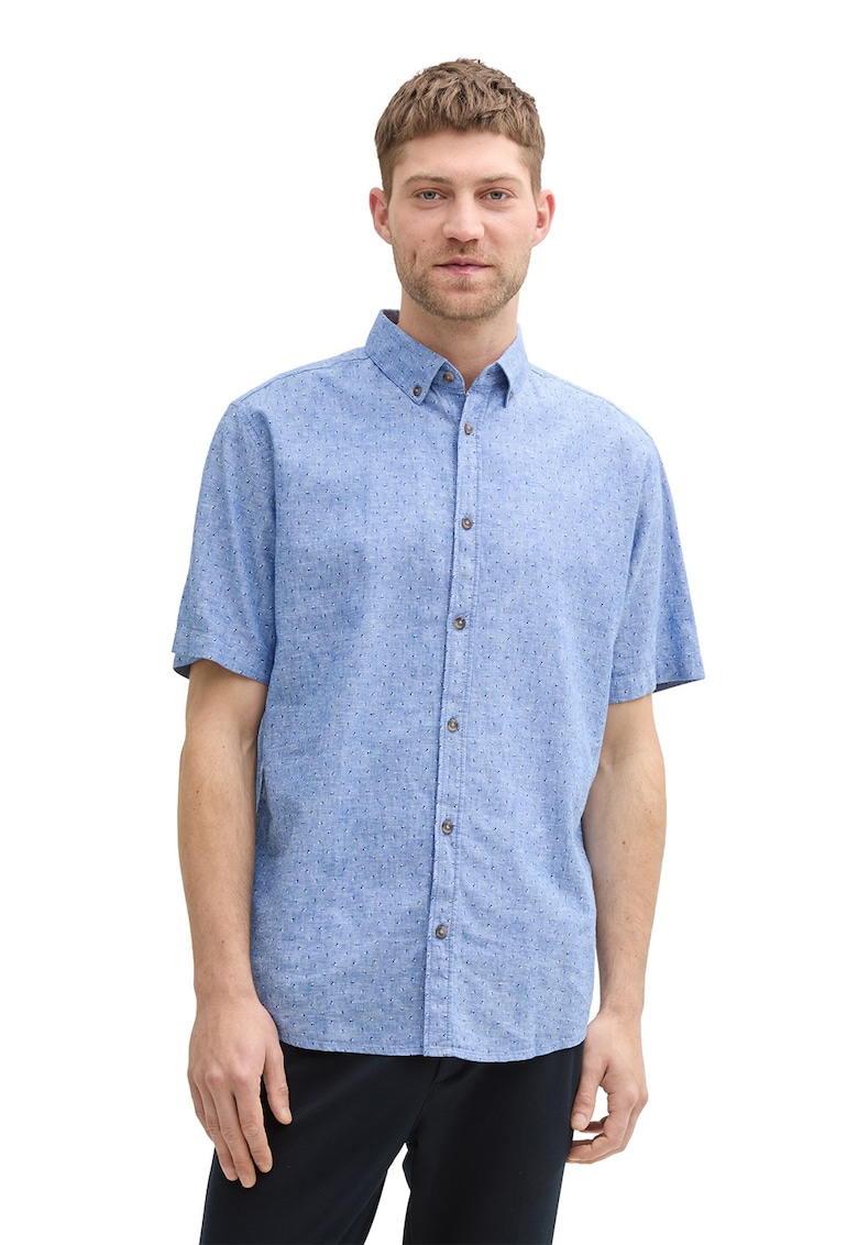 Риза с лен с къси ръкави - Светлосин Tom Tailor