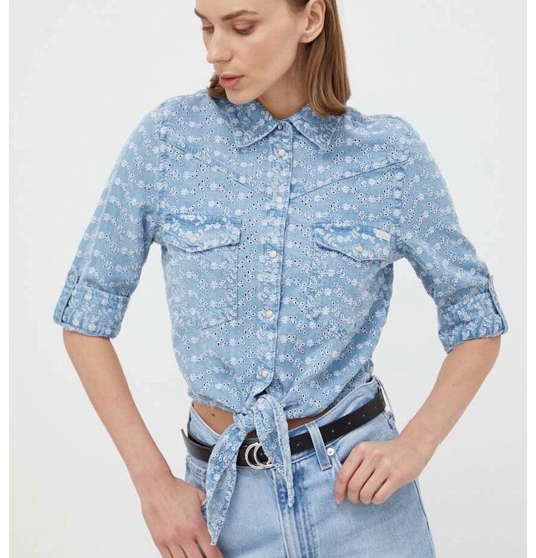 Риза  с предно закопчаване и дантела Sangallo - Син GUESS