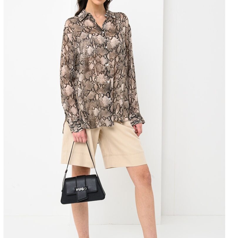 Риза с принт и паднали ръкави - Черен/Сиво-кафяв HUGO